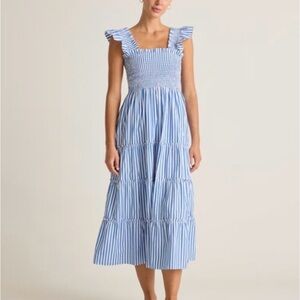 Quince 100% Organic Cotton Smocked Blue and White Striped Midi Dress, Size Small